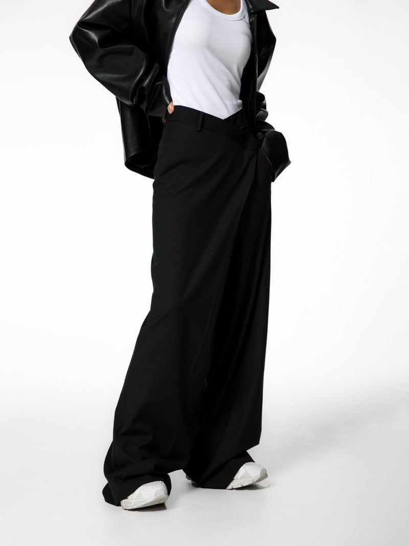 ASYMMETRICAL PIN TUCK WIDE TROUSERS