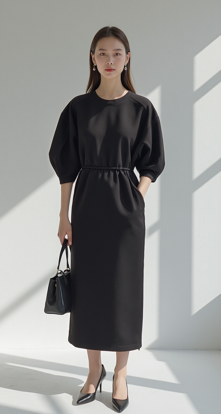 MINIMALIST PUFF SLEEVE DRAWSTRING MIDI DRESS