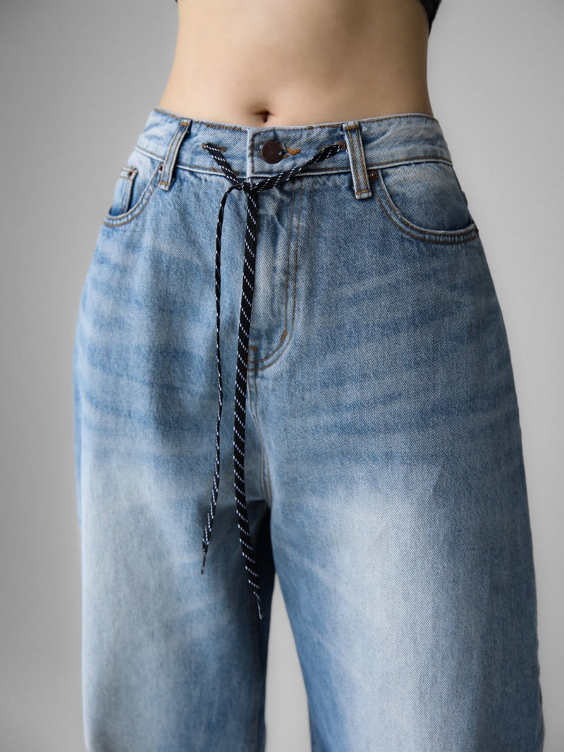 DRAWSTRING DETAIL WIDE DENIM JEANS