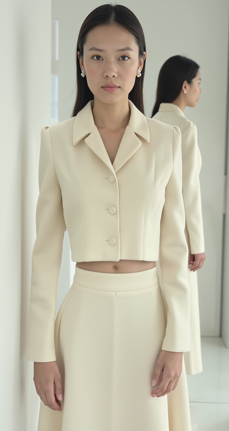 CREAM TWO-PIECE SET – CROPPED JACKET & A-LINE MIDI SKIRT