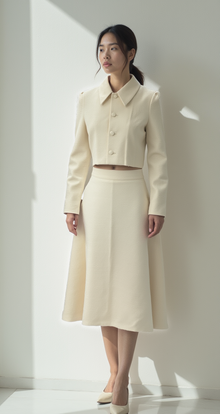 CREAM TWO-PIECE SET – CROPPED JACKET & A-LINE MIDI SKIRT