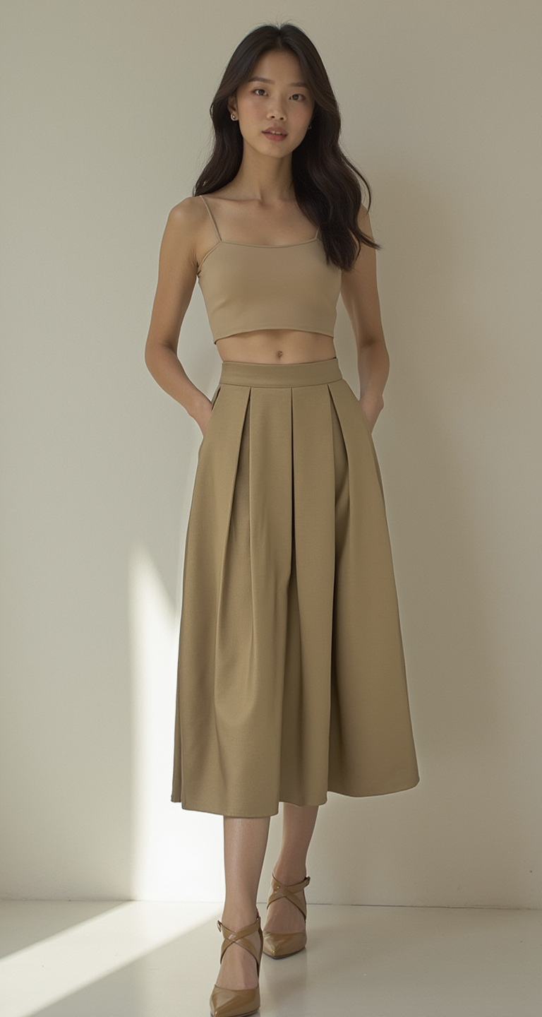 HIGH WAISTED PLEATED MIDI SKIRT