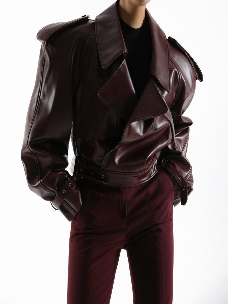 BELTED CHUNKY CROPPED VEGAN LEATHER TRENCH