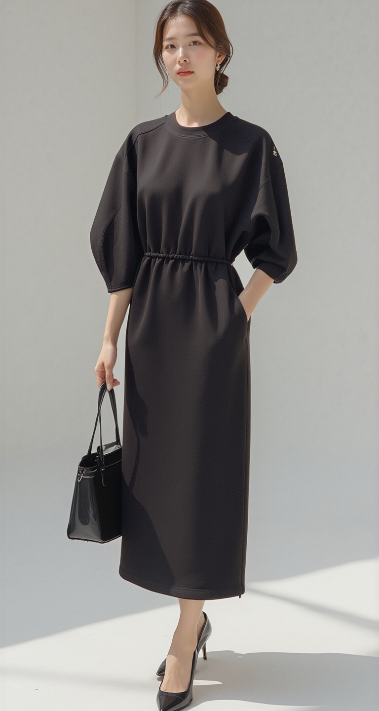 MINIMALIST PUFF SLEEVE DRAWSTRING MIDI DRESS