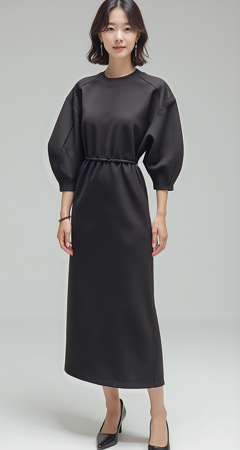 MINIMALIST PUFF SLEEVE DRAWSTRING MIDI DRESS