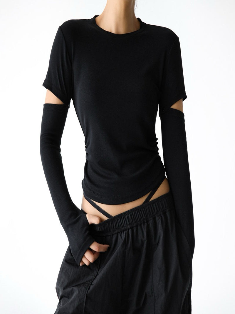 DETACHABLE SLEEVE SIDE SHIRRED T-SHIRT