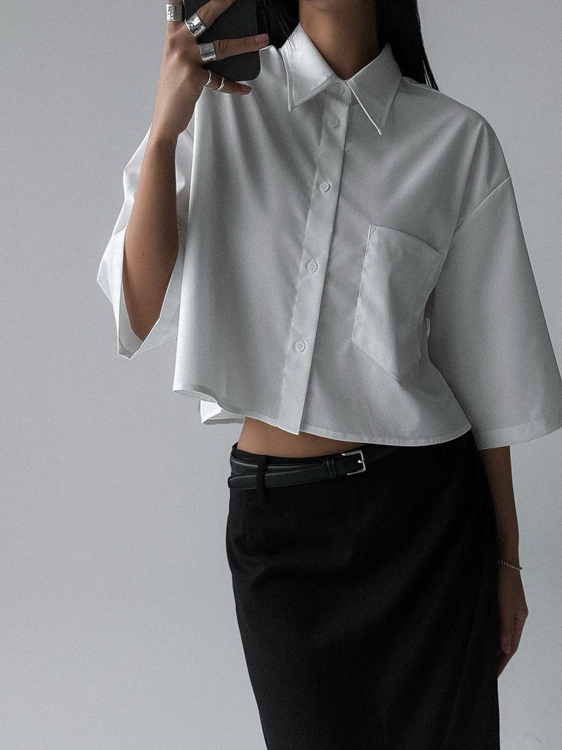 HALF SLEEVE CROPPED BUTTON DOWN SHIRT
