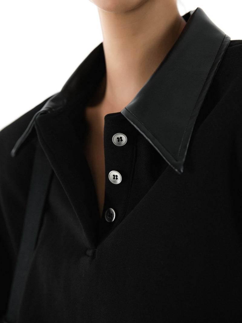 LEATHER COLLAR METAL BUTTONS OVERSIZED SWEATSHIRT