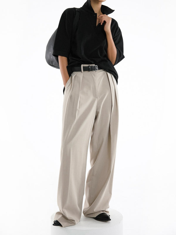 LOW WAISTED DOUBLE PLEATED TWILL TROUSERS