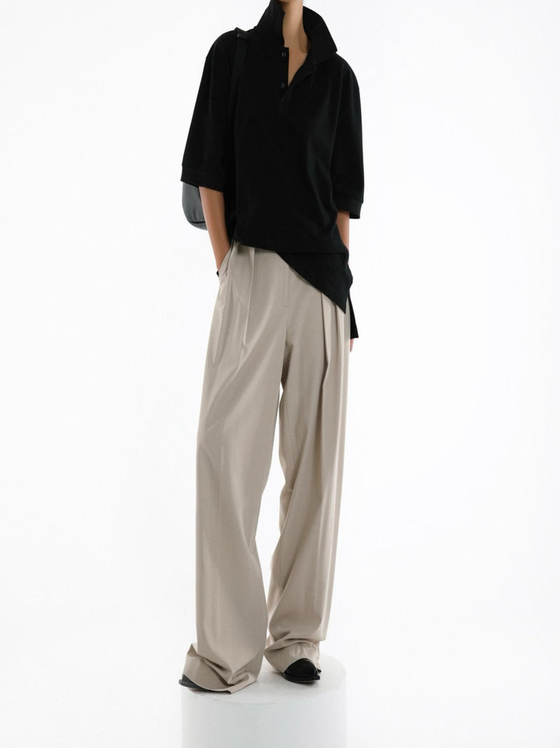 LOW WAISTED DOUBLE PLEATED TWILL TROUSERS