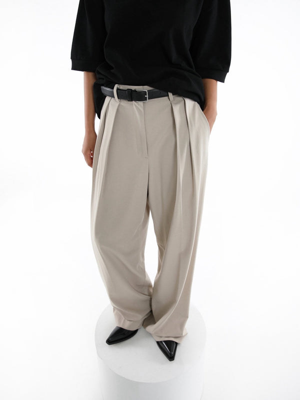 LOW WAISTED DOUBLE PLEATED TWILL TROUSERS