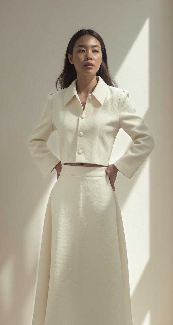 CREAM TWO-PIECE SET – CROPPED JACKET & A-LINE MIDI SKIRT