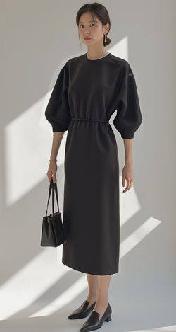 MINIMALIST PUFF SLEEVE DRAWSTRING MIDI DRESS