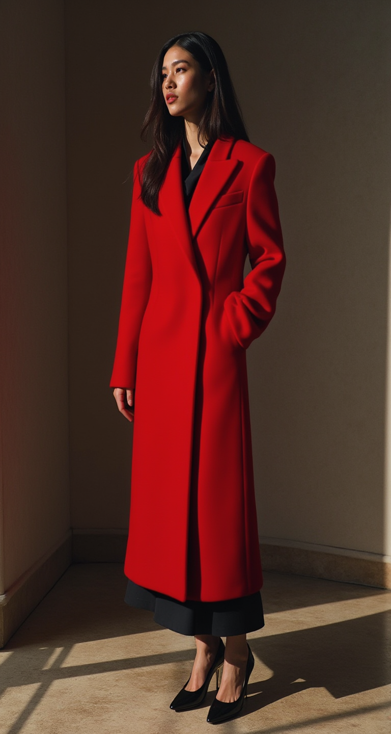 ELEGANT MAXI WOOL-BLEND RED COAT