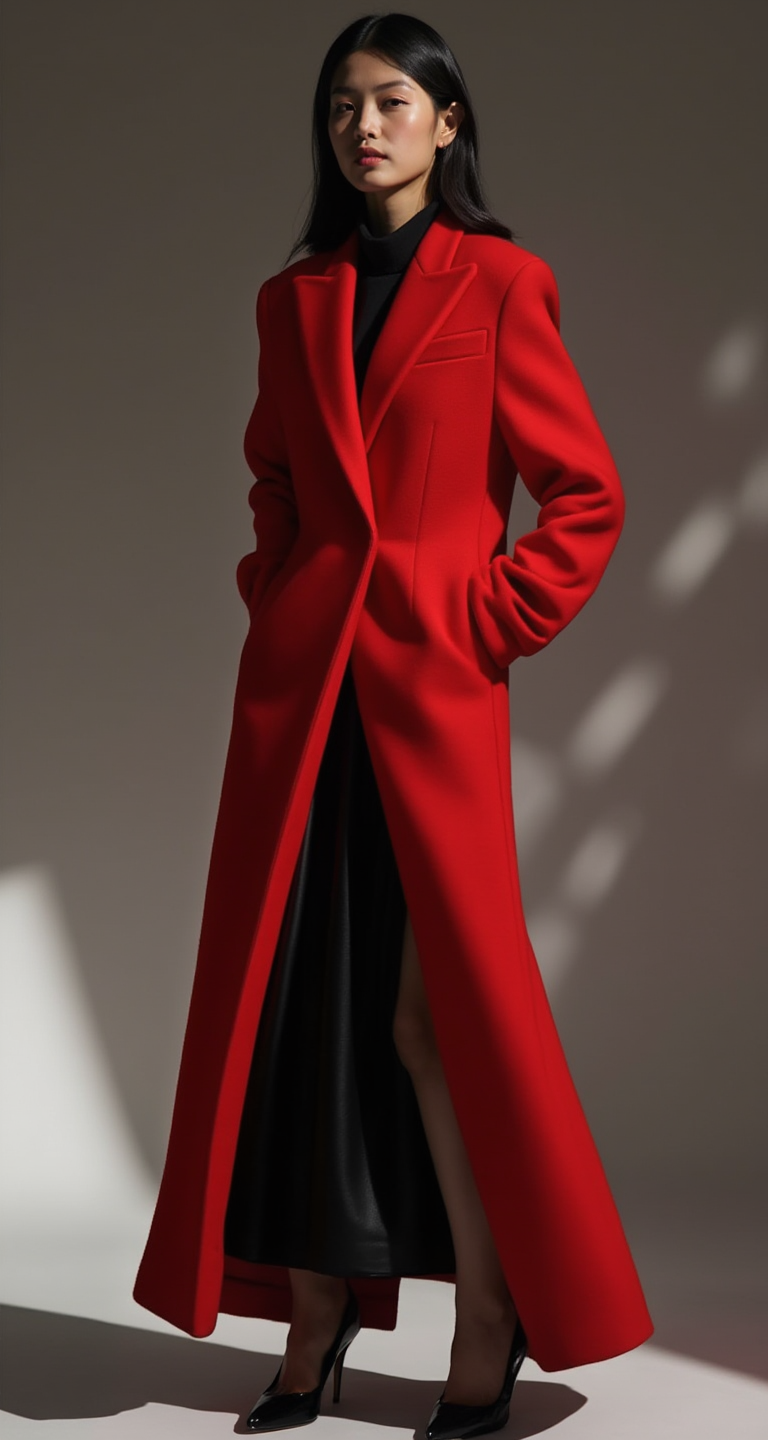 ELEGANT MAXI WOOL-BLEND RED COAT