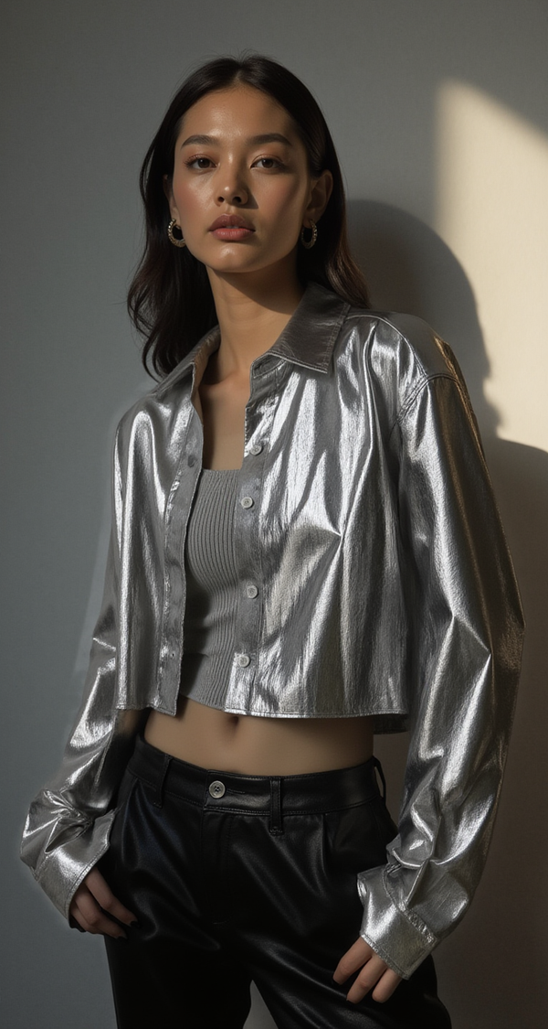 LUSTROUS SILVER METALLIC CROPPED SHIRT