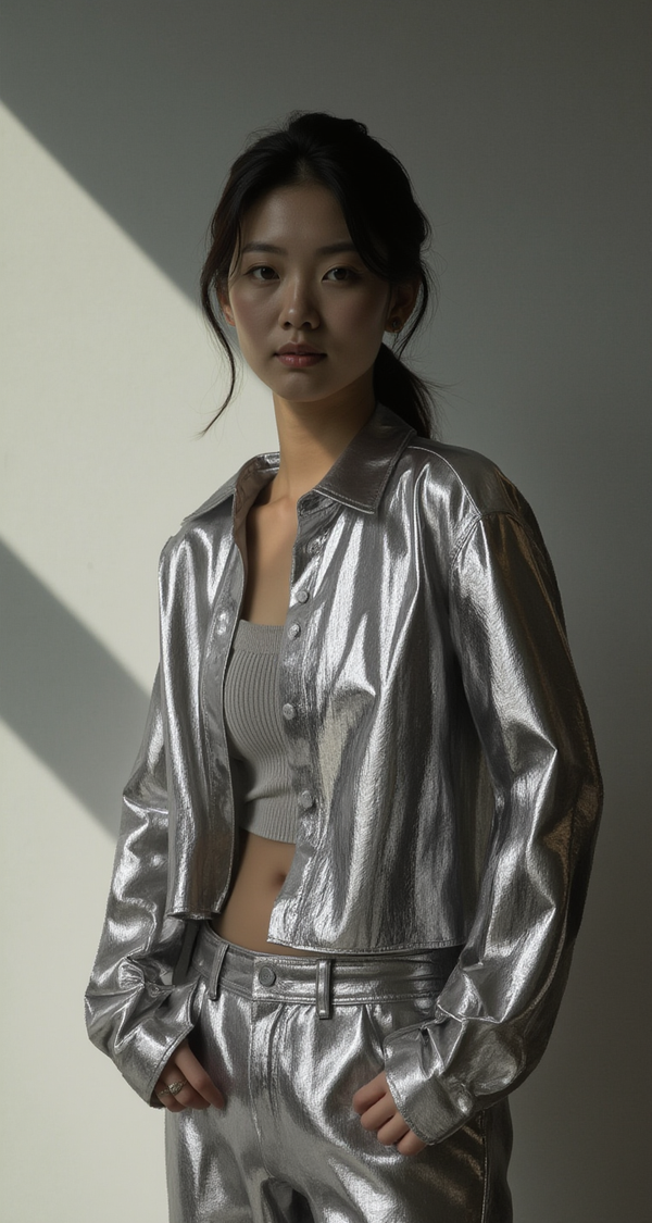 LUSTROUS SILVER METALLIC CROPPED SHIRT