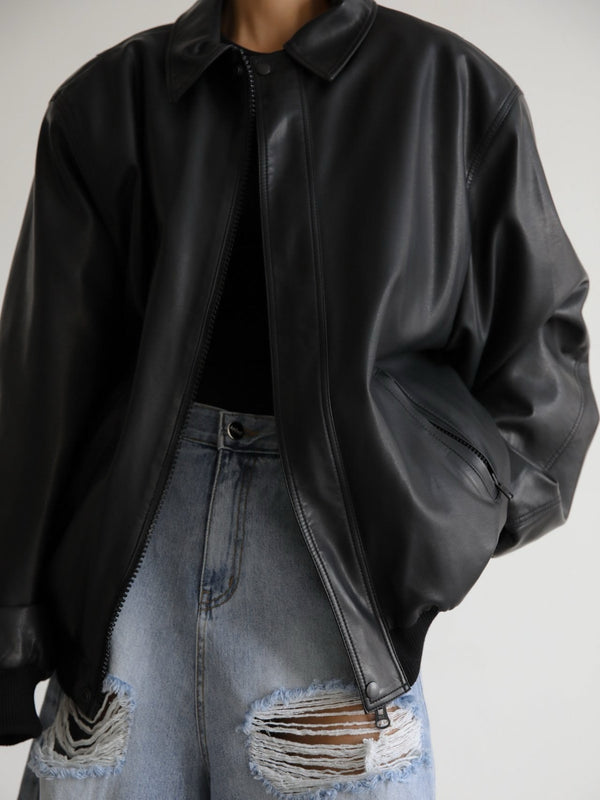 WASHED VEGAN LEATHER PADDED SHOULDER BOMBER JACKET