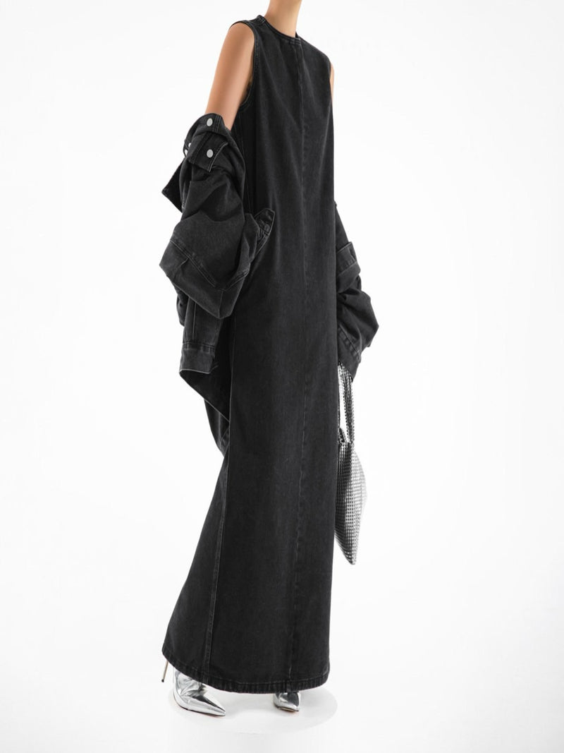 WASHED BLACK DENIM SLEEVELESS MAXI DRESS