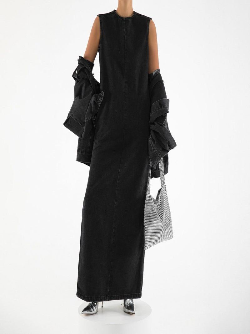 WASHED BLACK DENIM SLEEVELESS MAXI DRESS