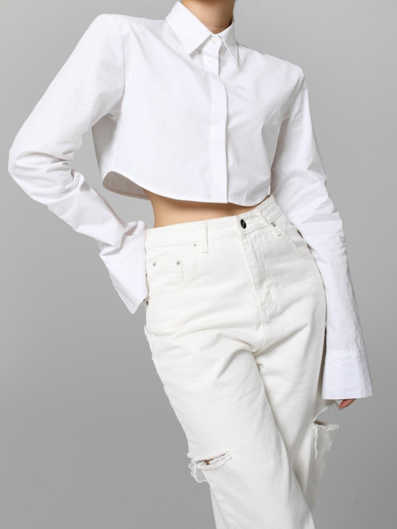 PADDED SHOULDER CROPPED BUTTON DOWN SHIRT