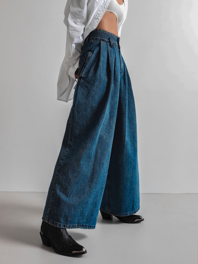 THREE PIN-TUCK WIDE DENIM CULOTTES