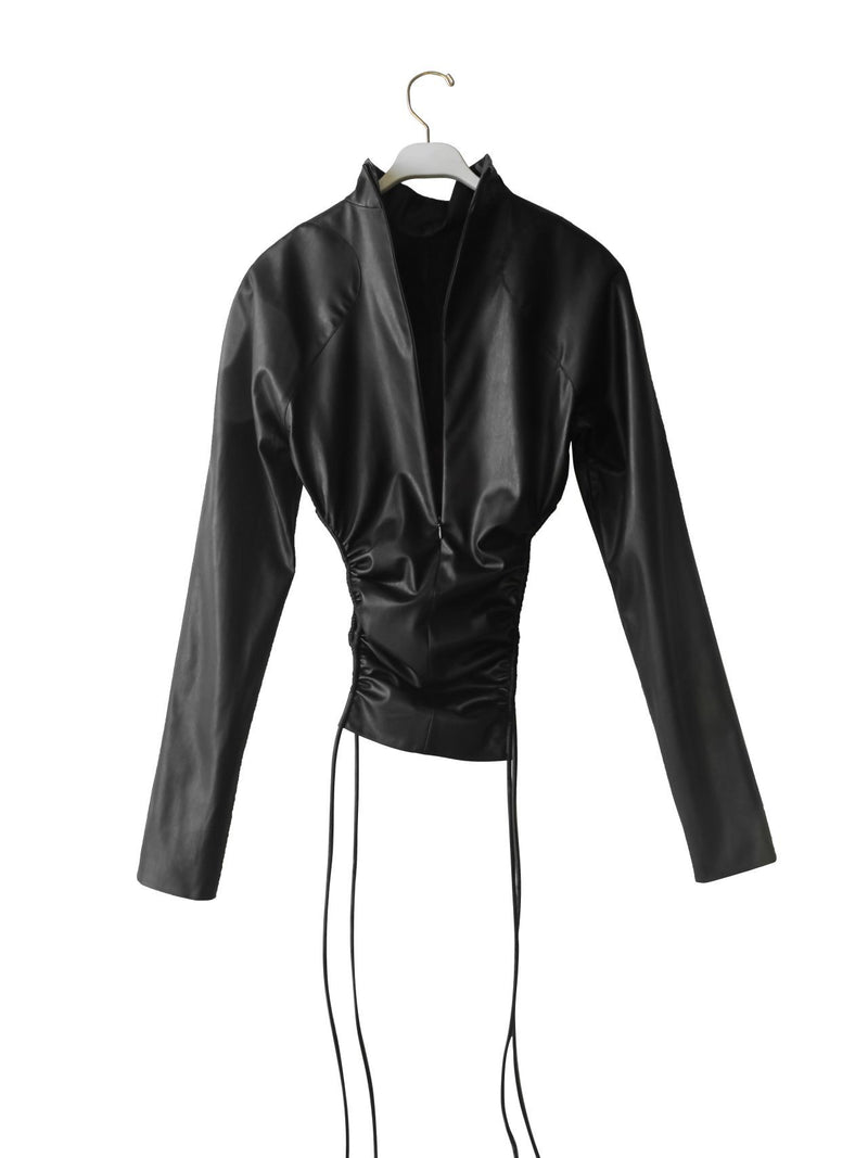 VEGAN LEATHER SIDE SHIRRED HIGH NECK TOP